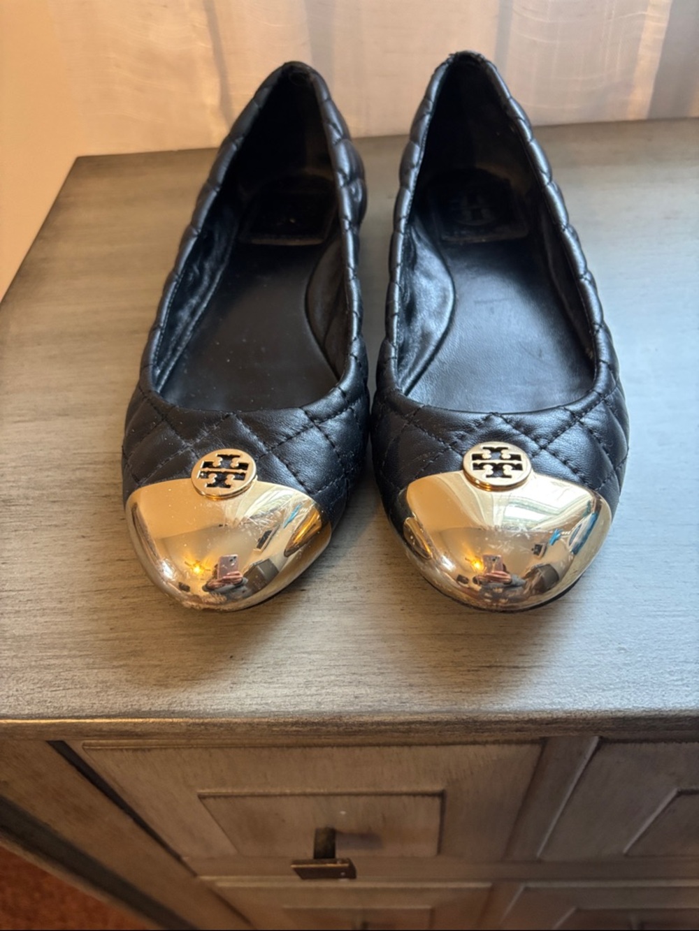 Tory Burch Black Quilted Leather Flats with Gold Cap Toe